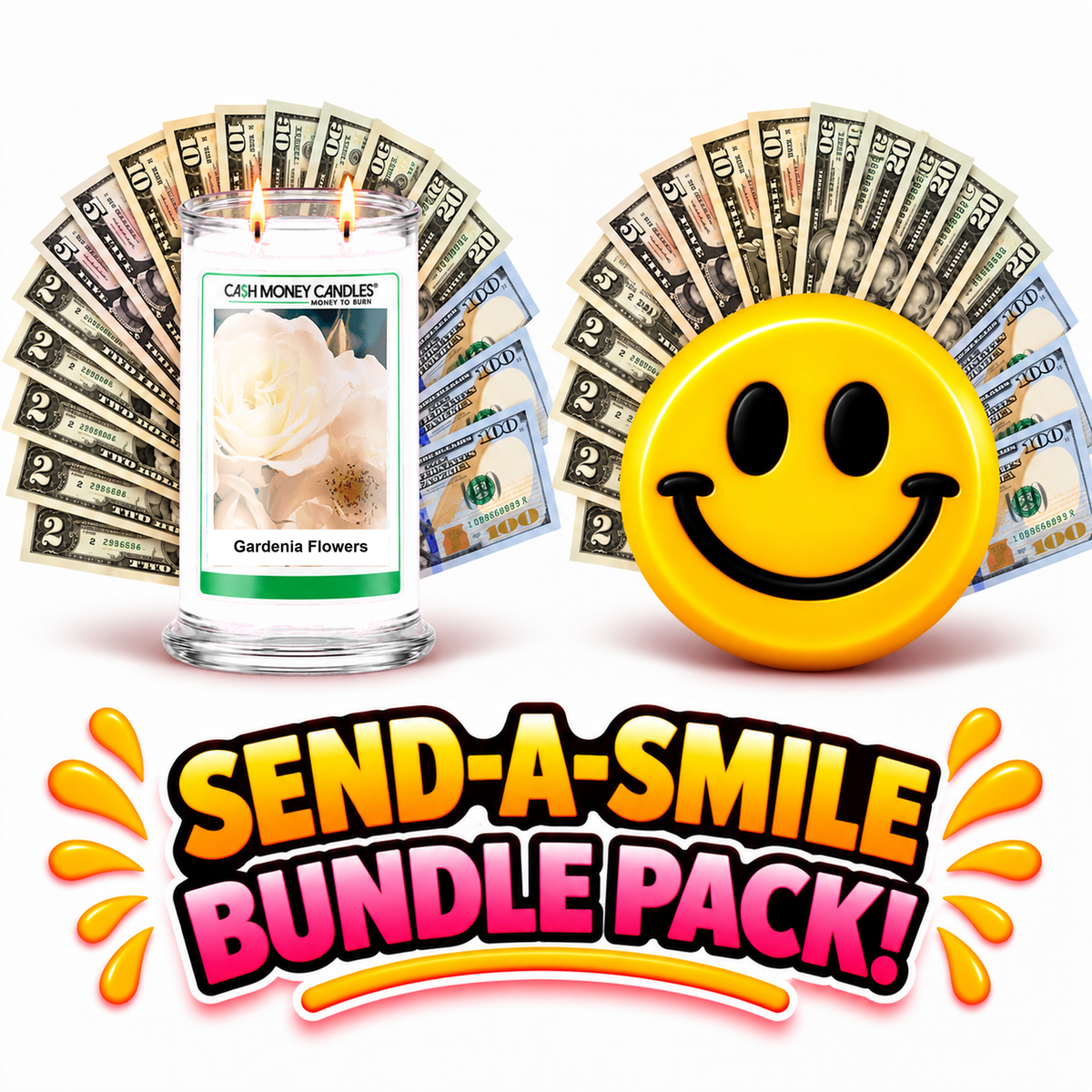 Send-A-Smile giant smiley cash wax melt paired with Gardenia Flowers Cash Money Candle