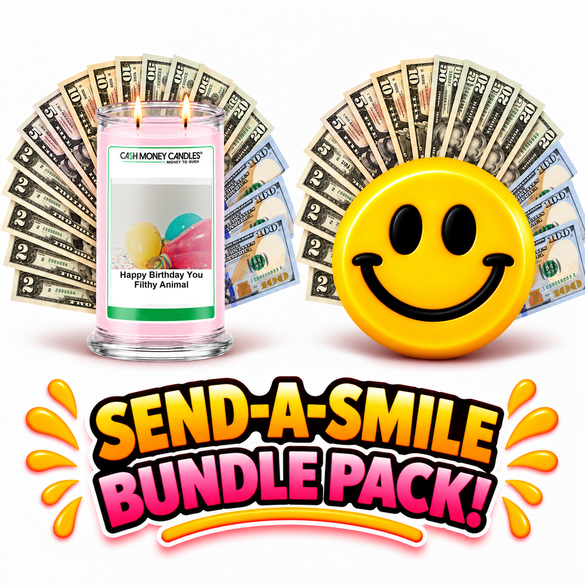 Send-A-Smile! Cash Wax Melt + Happy Birthday You Filthy Animal Cash Candle Bundle