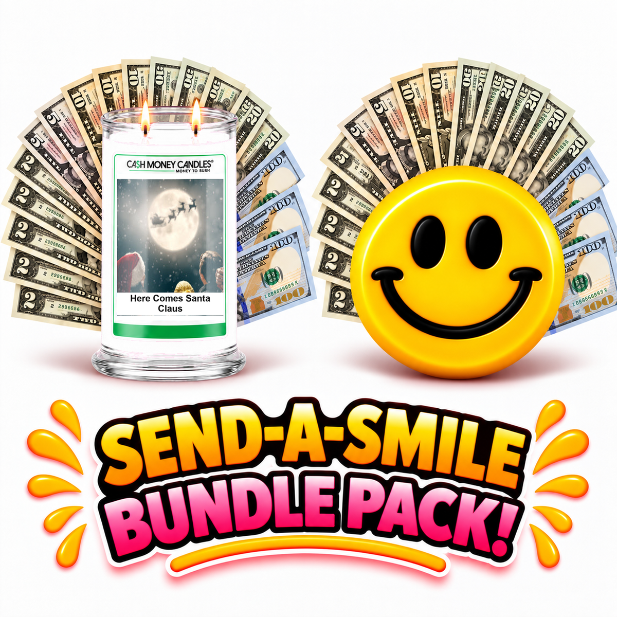 Send-A-Smile giant smiley cash wax melt paired with Here Comes Santa Claus Cash Money Candle
