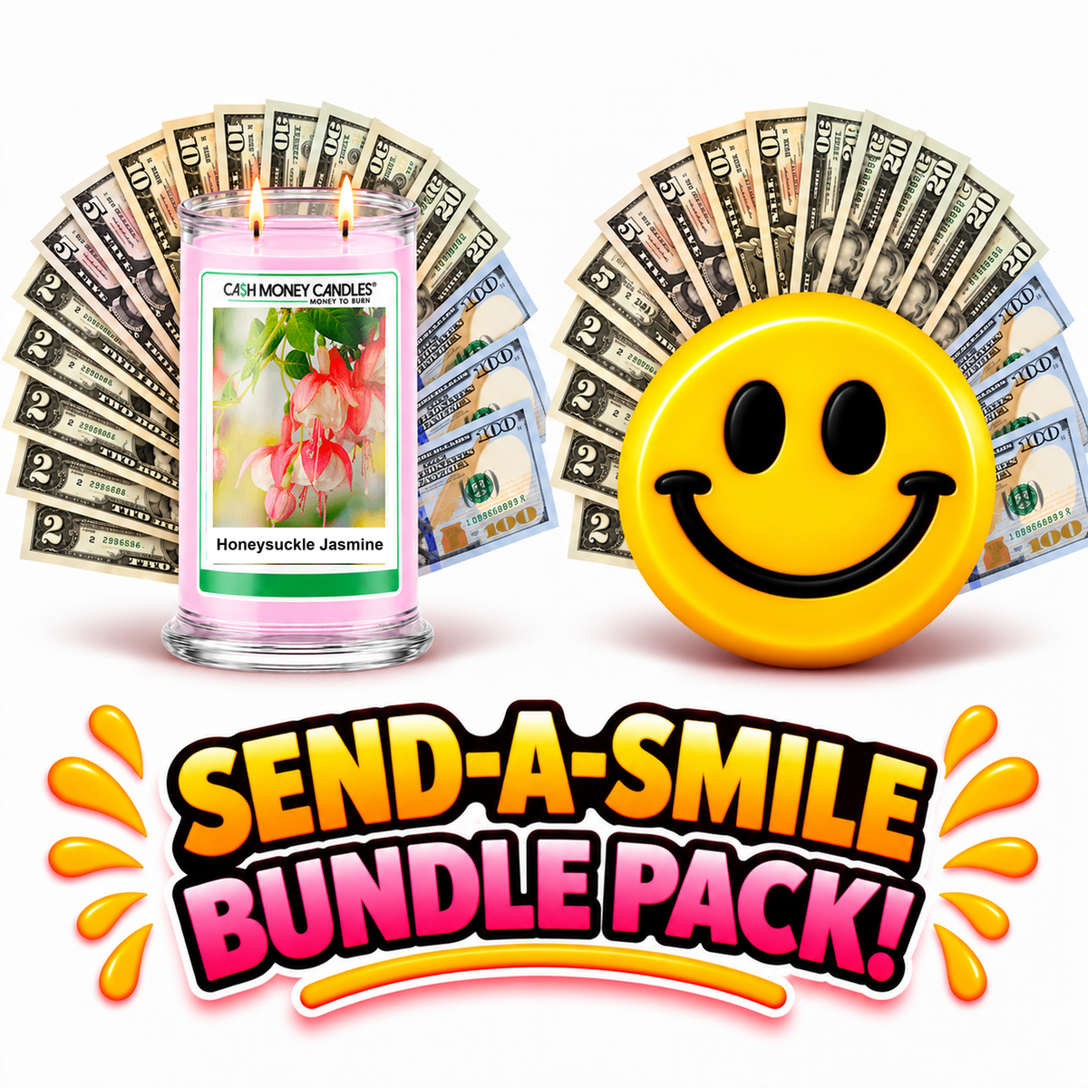 Send-A-Smile giant smiley cash wax melt paired with Honeysuckle Jasmine Cash Money Candle