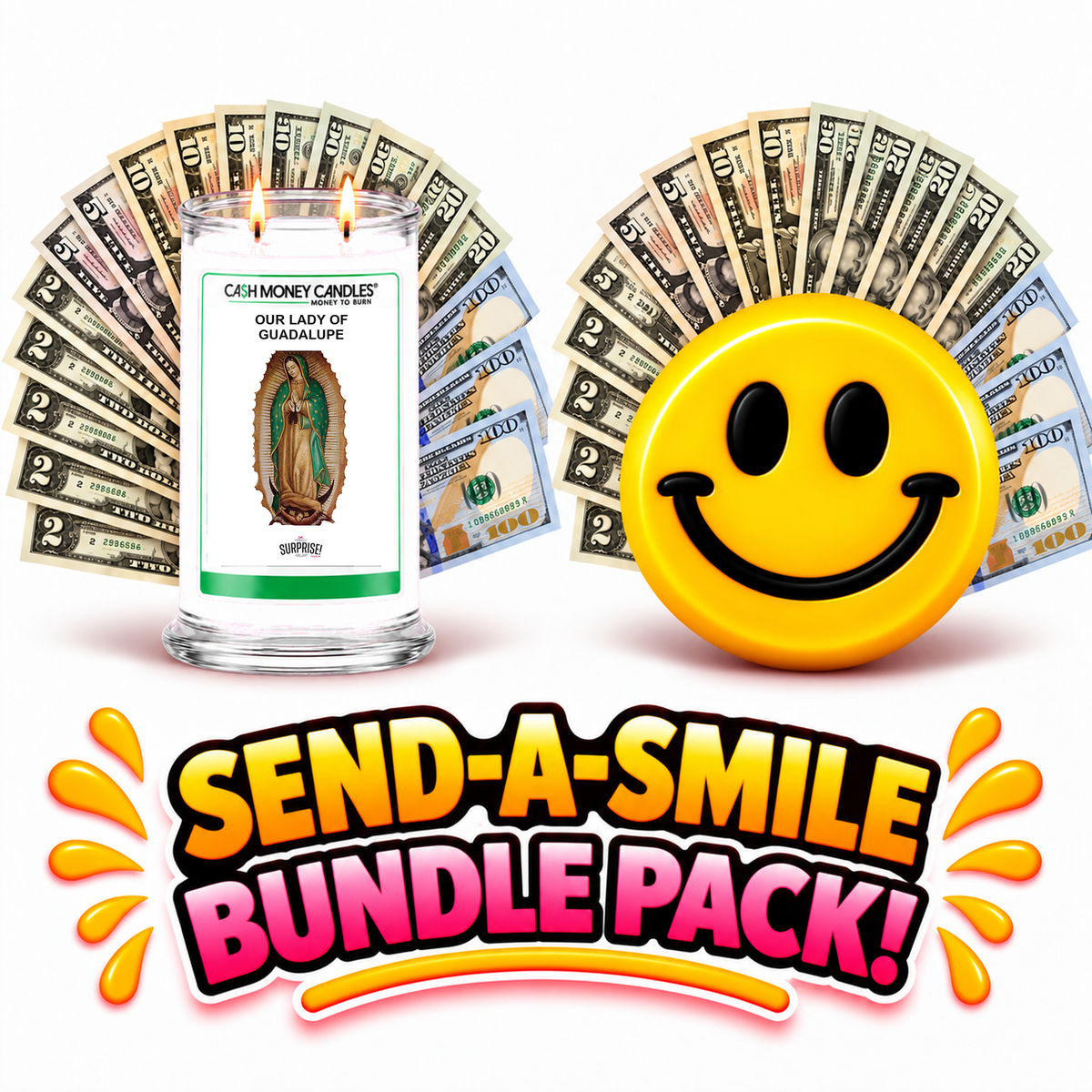 Send-A-Smile giant smiley cash wax melt paired with OUR LADY OF GUADALUPE Cash Money Candles (Virgen Of Guadalupe)