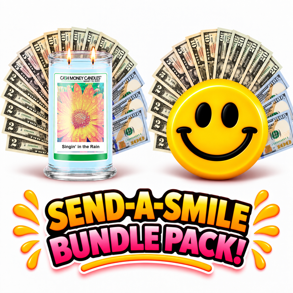 Send-A-Smile giant smiley cash wax melt paired with Singin' in the Rain Cash Money Candle