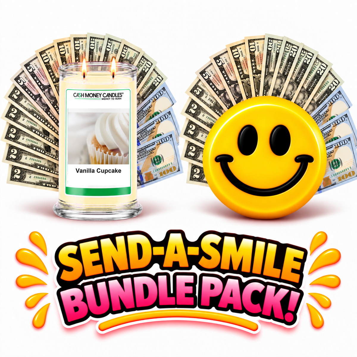 Send-A-Smile giant smiley cash wax melt paired with Vanilla Cupcake Cash Candle