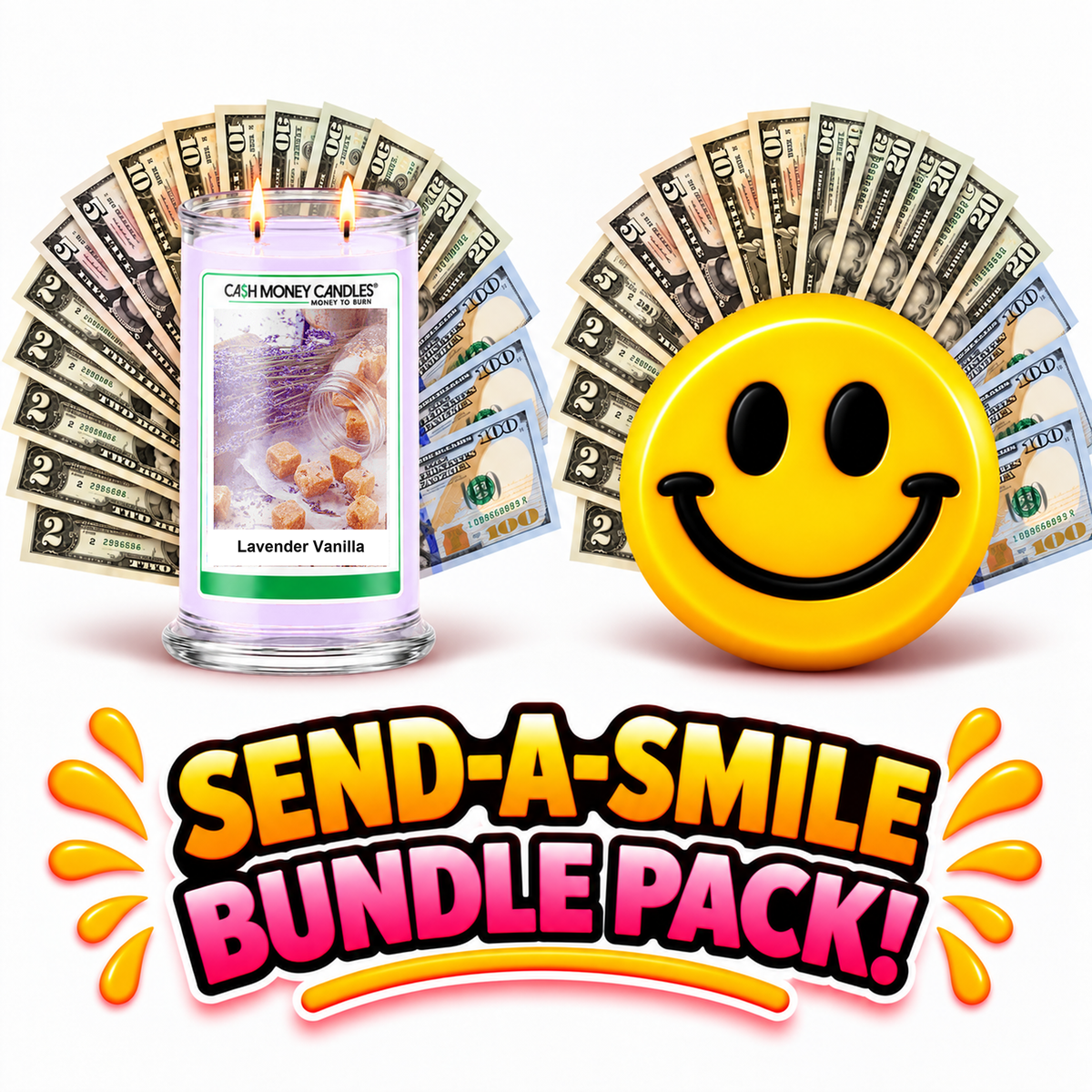 Send-A-Smile giant smiley cash wax melt paired with Lavender Vanilla Cash Money Candle