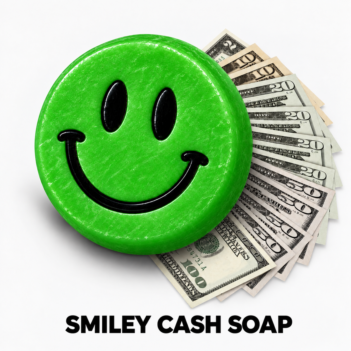 Green Smiley Cash goat milk soap with a fan of cash