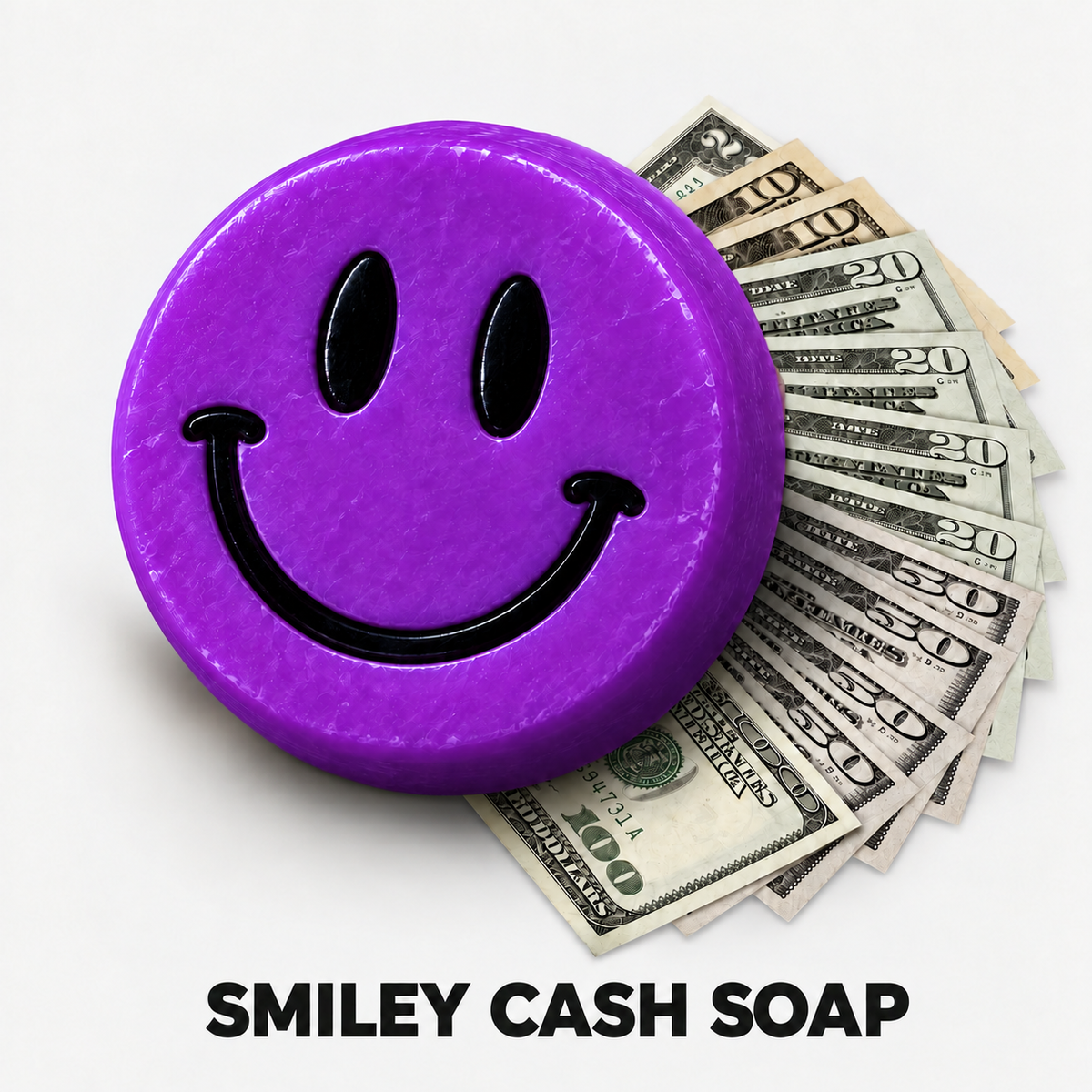 Purple Lavender Vanilla Smiley Cash Soap with a fan of US dollar bills