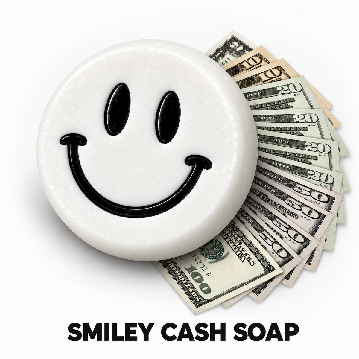 White Smiley Cash goat milk soap with a fan of cash