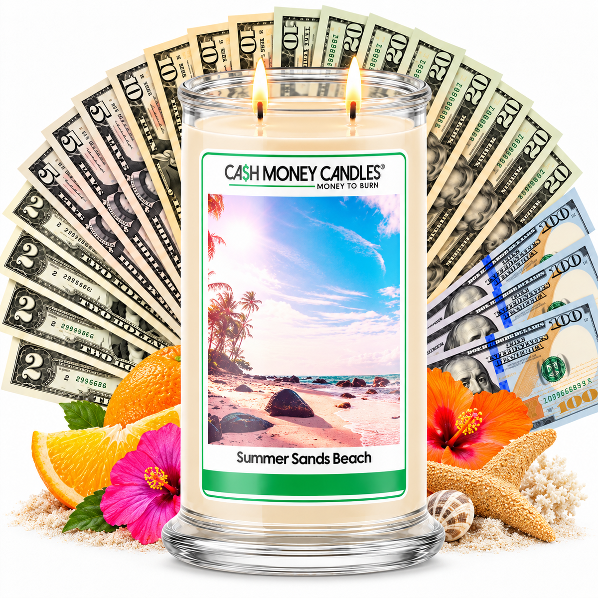 Summer Sands Beach Cash Money Candle with two lit wicks and a fan of cash