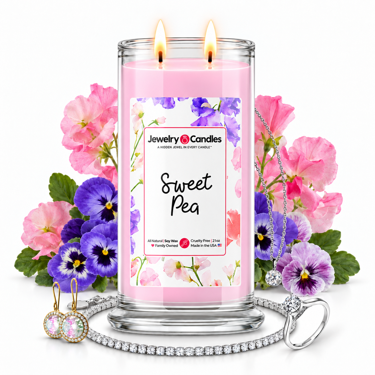 Sweet Pea Jewelry Candle with two lit flames and jewelry