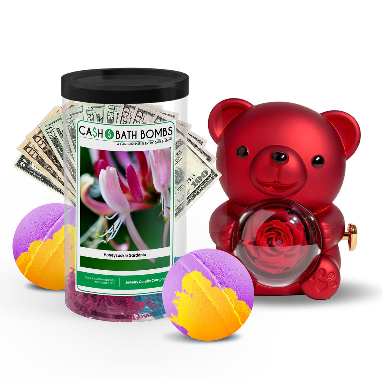 Rose Cash Surprise Bear + Jumbo Cash Bath Bomb 2 Pack – Honeysuckle Gardenia
