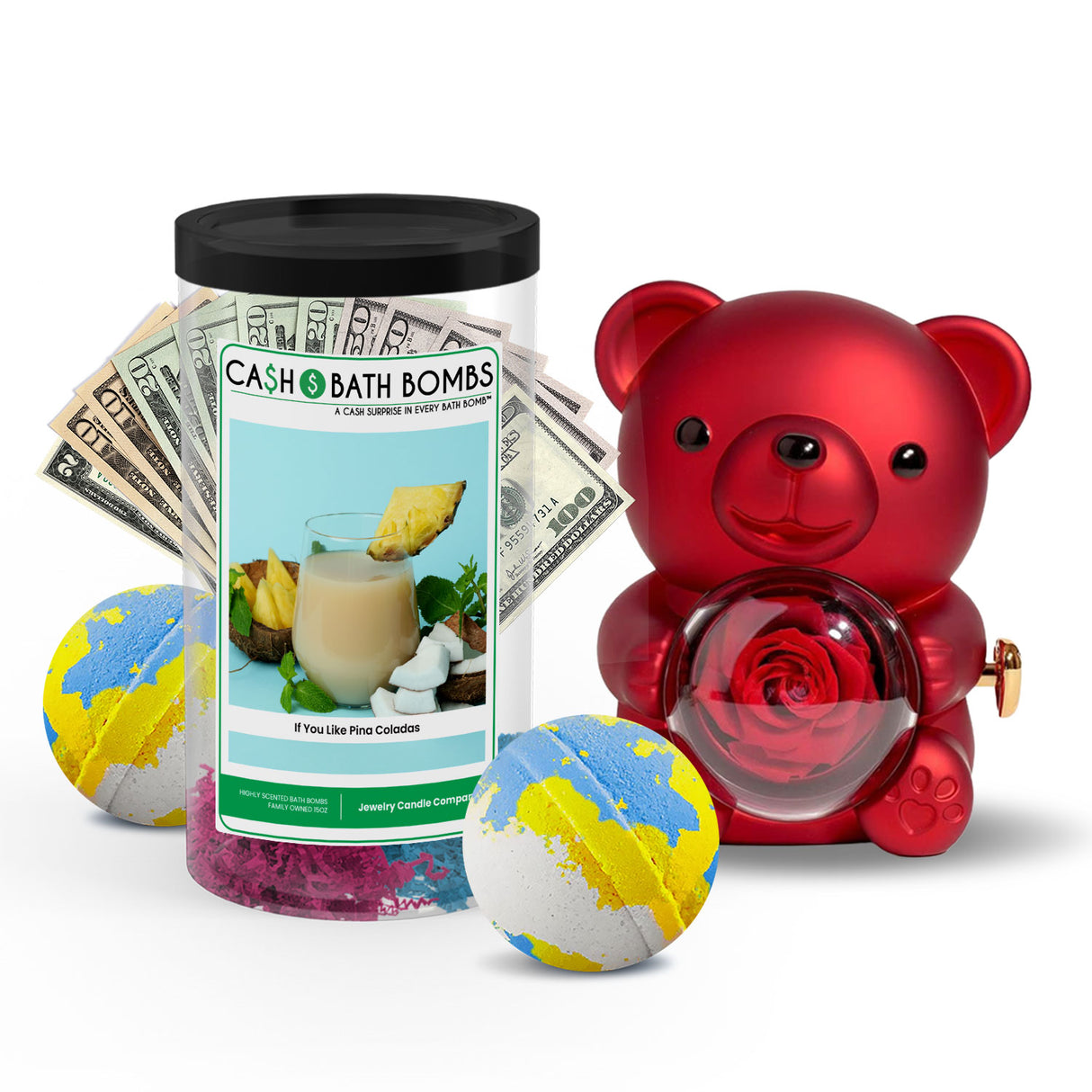 Rose Cash Surprise Bear + Jumbo Cash Bath Bomb 2 Pack – Pina Colada