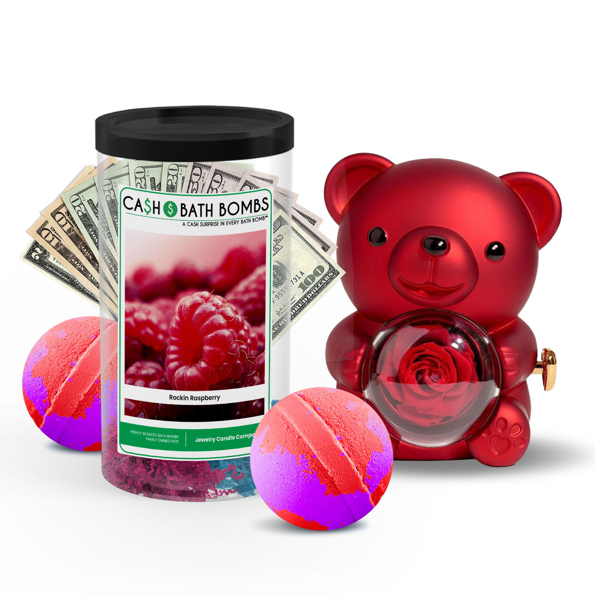 Rose Cash Surprise Bear + Jumbo Cash Bath Bomb 2 Pack – Rockin' Raspberry