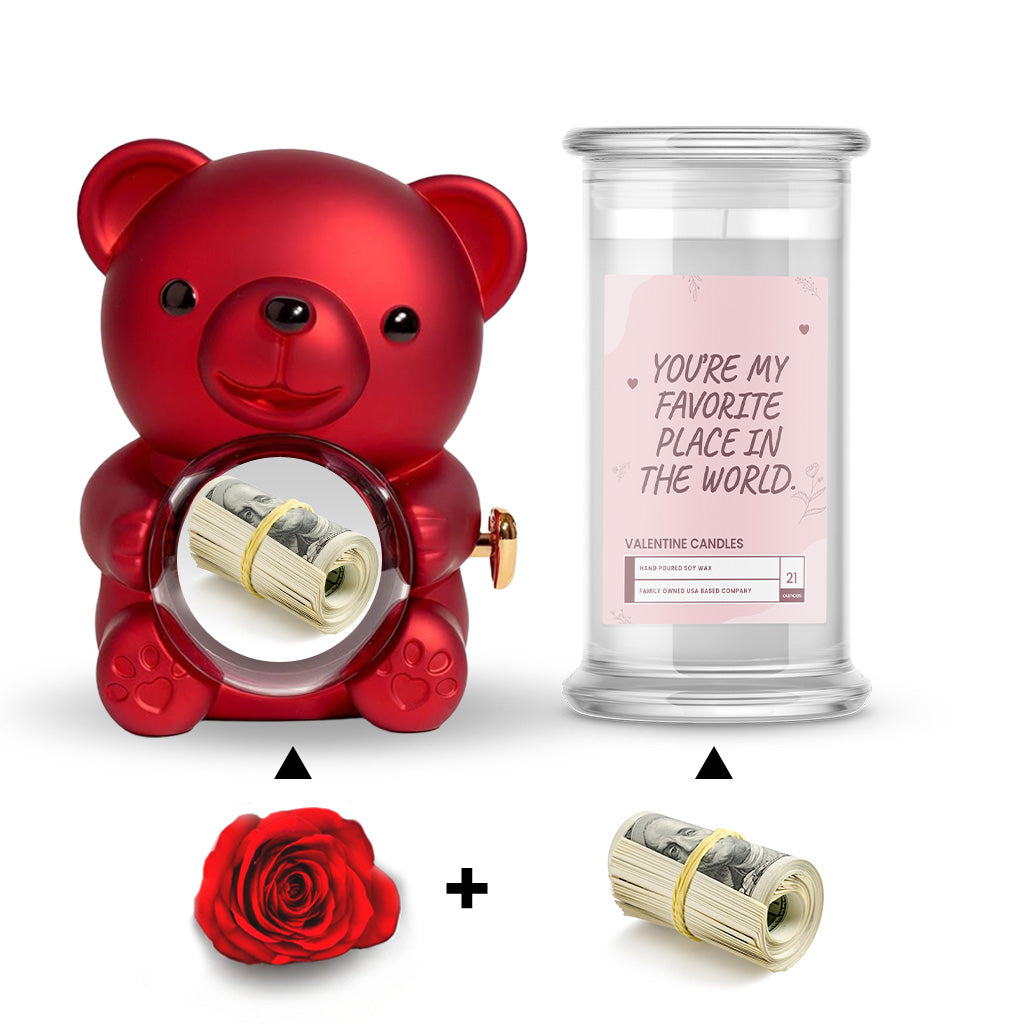 You're My Favorite Place In The World Cash Candle and Cash Surprise Bear Valentines Day Bundle