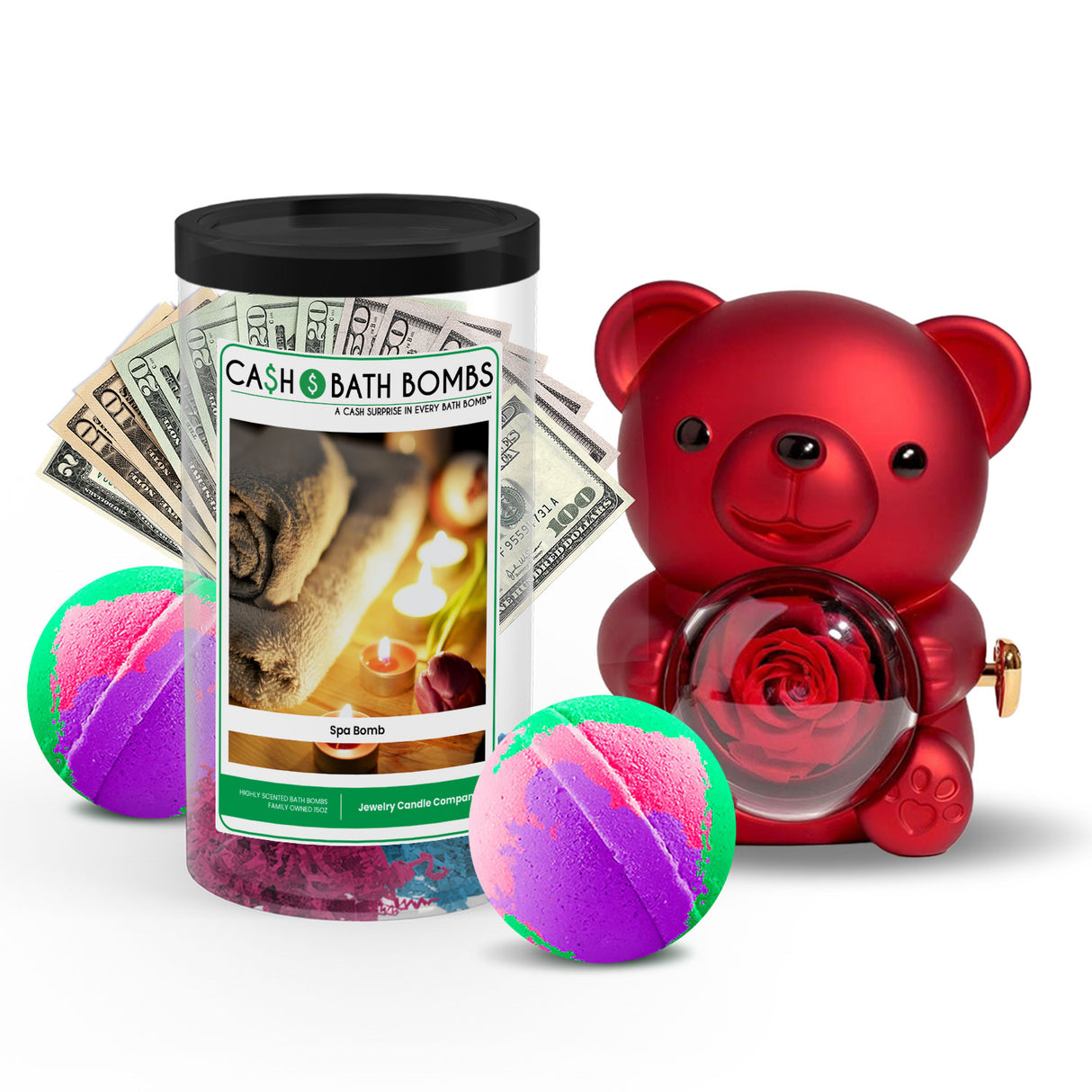 Rose Cash Surprise Bear + Jumbo Cash Bath Bomb 2 Pack – Spa Bomb Scent