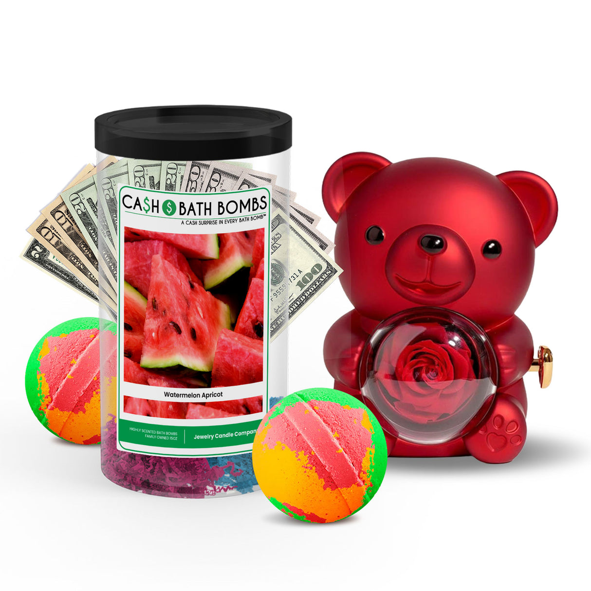Rose Cash Surprise Bear + Jumbo Cash Bath Bomb 2 Pack – Watermelon Apricot