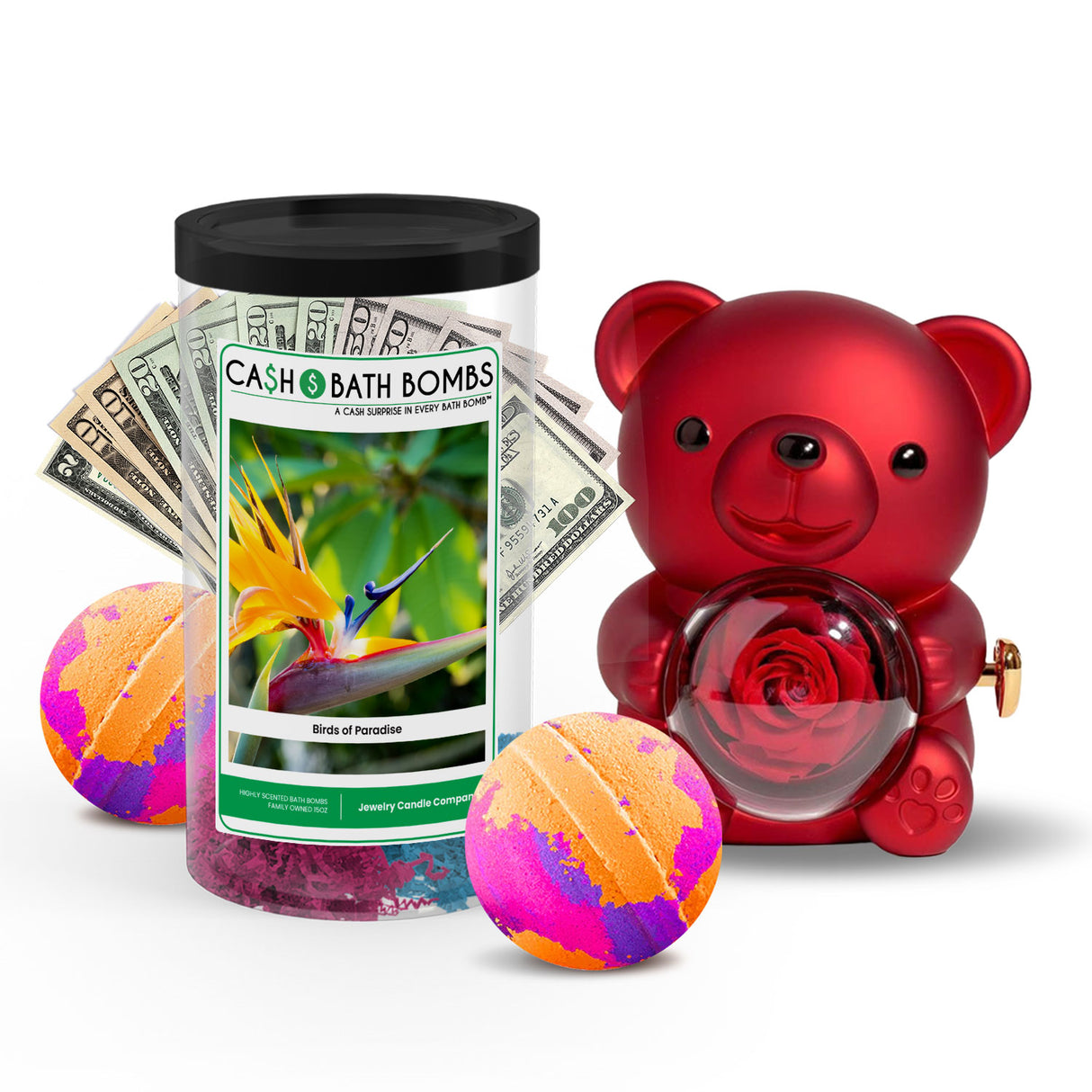 Rose Cash Surprise Bear + Jumbo Cash Bath Bomb 2 Pack – Birds of Paradise