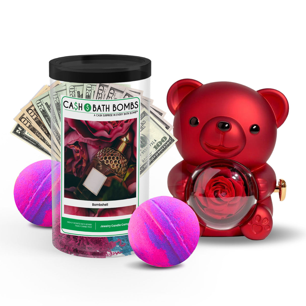 Rose Cash Surprise Bear + Jumbo Cash Bath Bomb 2 Pack – Bombshell