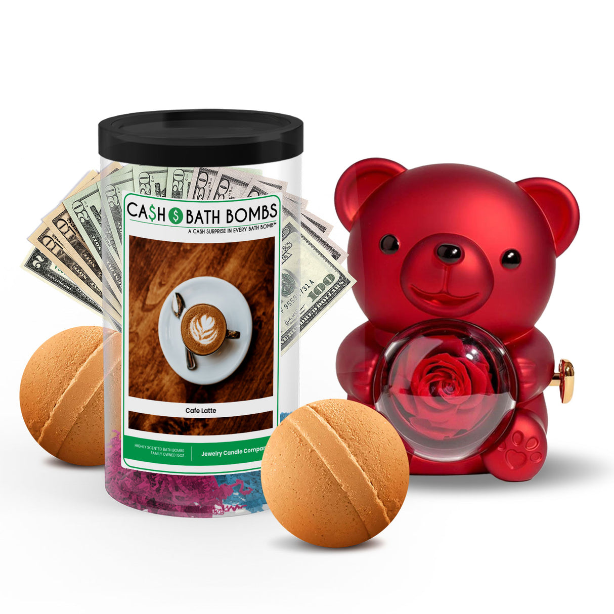 Rose Cash Surprise Bear + Jumbo Cash Bath Bomb 2 Pack – Cafe Latte
