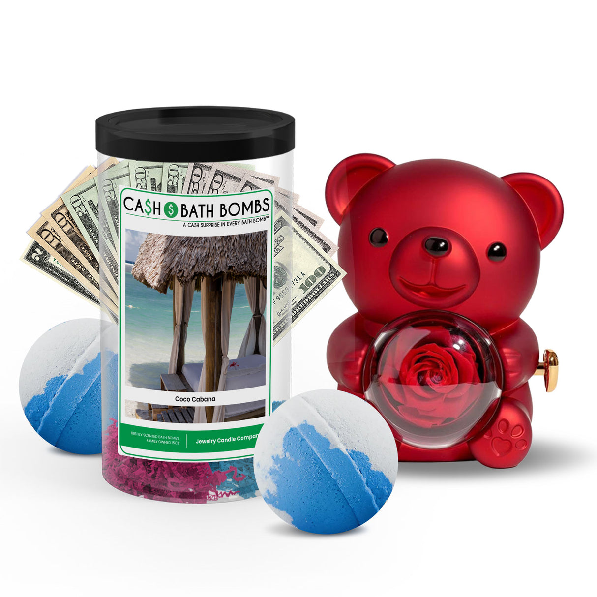 Rose Cash Surprise Bear + Jumbo Cash Bath Bomb 2 Pack – Coco Cabana