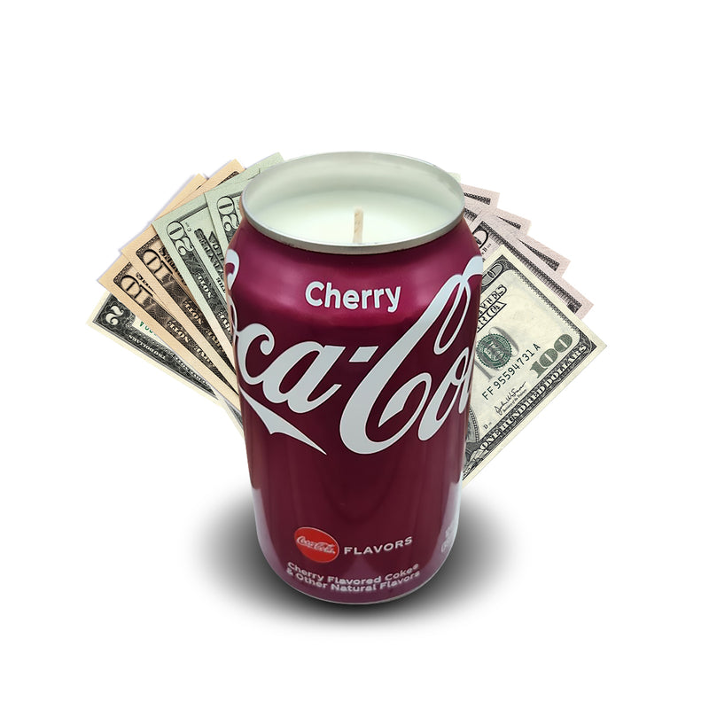 Cherry Coca Cola Soda Pop Cash Candle - REAL MONEY INSIDE EVERY SODA CASH CANDLE