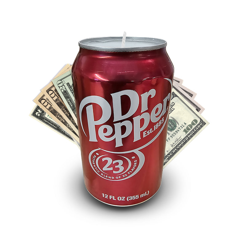 Dr Pepper Soda Pop Cash Candle - REAL MONEY INSIDE EVERY DR PEPPER MONEY CANDLE