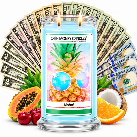 Aloha Cash Money Candle with two lit wicks and a fan of cash