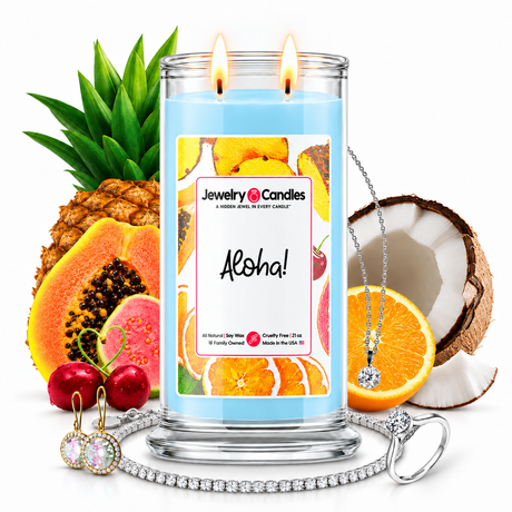 Aloha! Jewelry Candle with two lit flames and jewelry