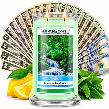 Amazon Rainforest Cash Money Candle with two lit wicks and a fan of cash
