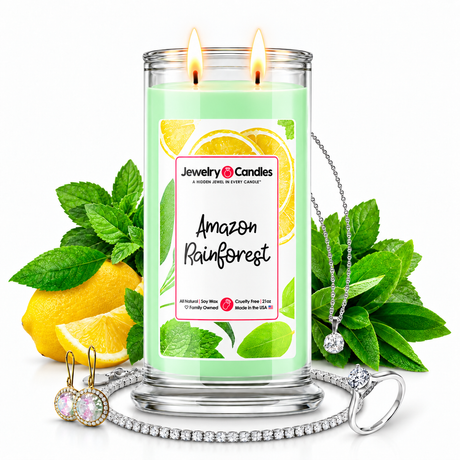 Amazon Rainforest Jewelry Candle with two lit flames and jewelry