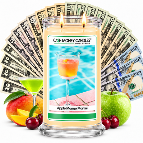 Apple Mango Martini Cash Candle with two lit wicks and a fan of cash