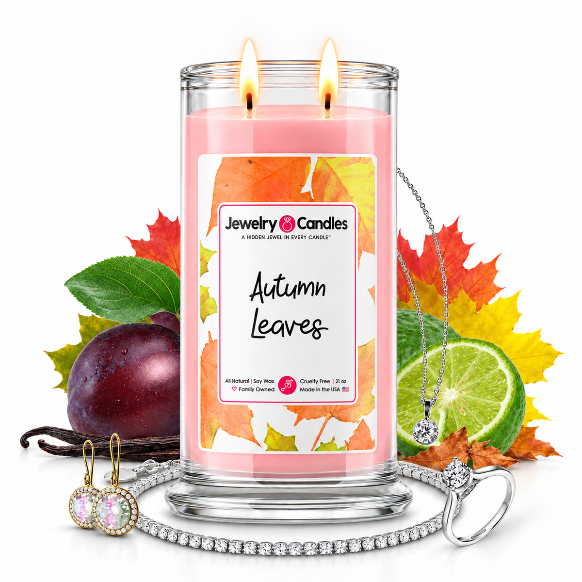 Autumn Leaves Jewelry Candle with two lit flames and jewelry