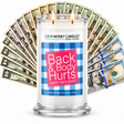 Back And Body Hurts Happy Birthday Cash Money Candle with two lit wicks and a fan of cash