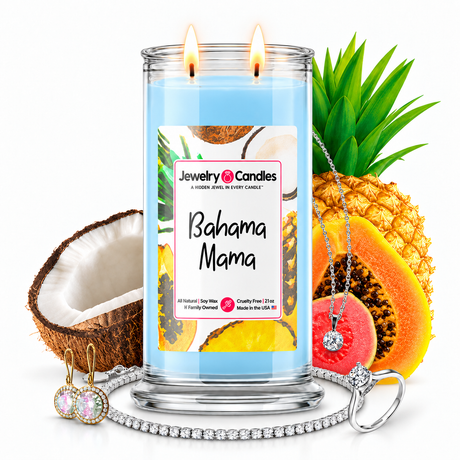 Bahama Mama Jewelry Candles with two lit flames and jewelry