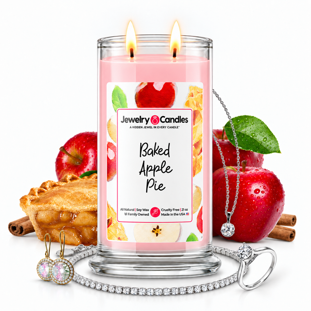Baked Apple Pie Jewelry Candle with two lit flames and jewelry
