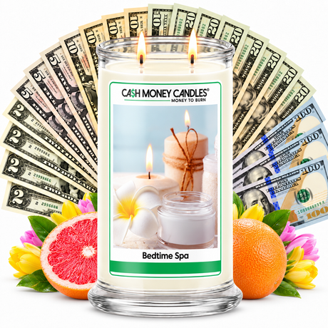 Bedtime Spa Cash Money Candle with two lit wicks and a fan of cash
