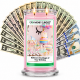 Believe in the Magic of Your Birthday Cash Candle with two lit wicks and a fan of cash