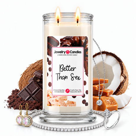 Better Than Sex Jewelry Candle with two lit flames and jewelry