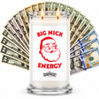 BIG NICK ENERGY Cash Money Candle with two lit wicks and a fan of cash