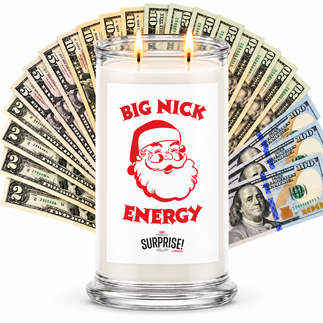 BIG NICK ENERGY Cash Money Candle with two lit wicks and a fan of cash