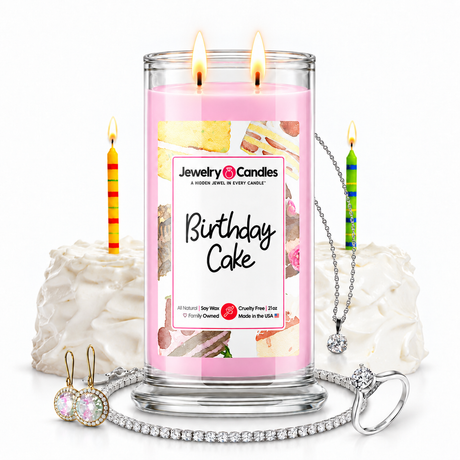 Birthday Cake Jewelry Candle with two lit flames and jewelry