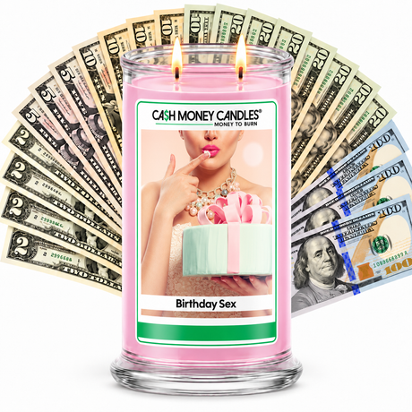 Birthday Sex Cash Candle with two lit wicks and a fan of cash