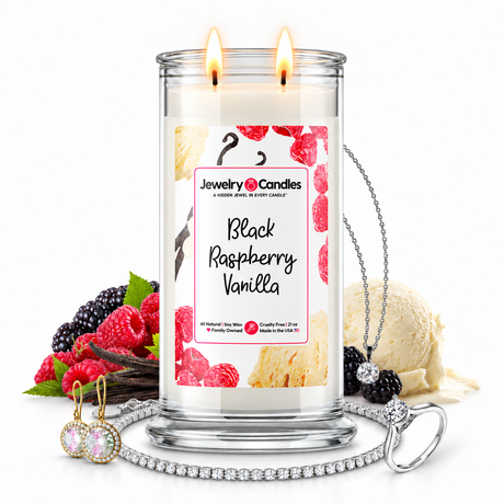 Black Raspberry Vanilla Jewelry Candle with two lit flames and jewelry