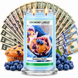Blueberry Muffin Cash Money Candle with two lit wicks and a fan of cash