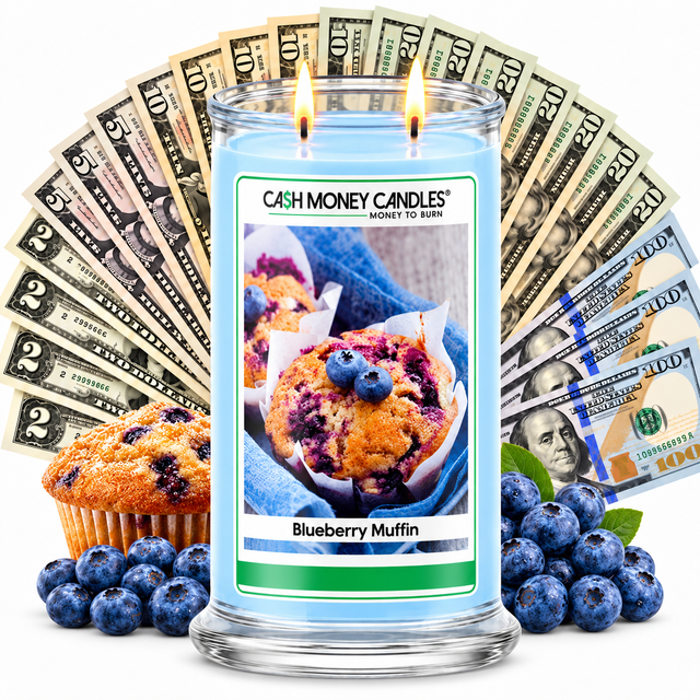 Blueberry Muffin Cash Money Candle with two lit wicks and a fan of cash