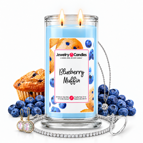Blueberry Muffin Jewelry Candle with two lit flames and jewelry