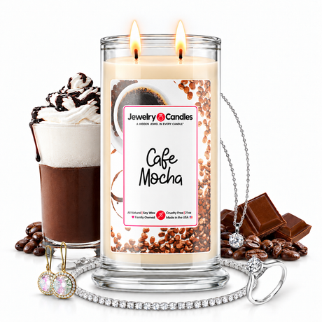 Café Mocha Jewelry Candle with two lit flames and jewelry