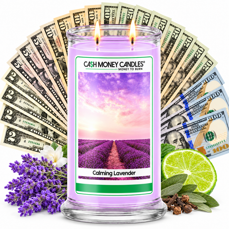 Calming Lavender Cash Money Candle with two lit wicks, cash fan and lavender flowers