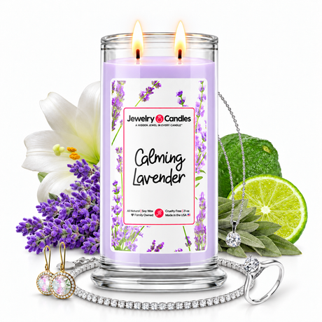 Calming Lavender Jewelry Candle with two lit flames and jewelry