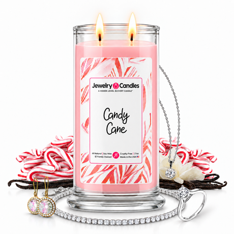 Candy Cane Jewelry Candle with two lit flames and jewelry
