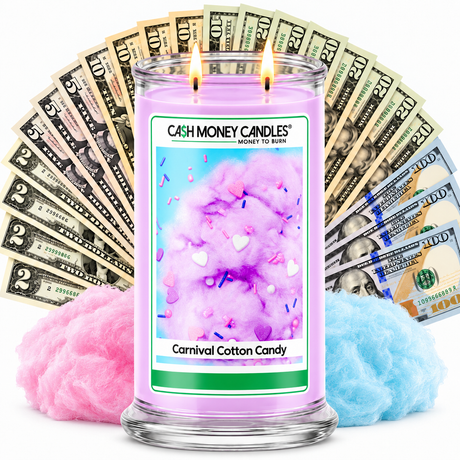 Carnival Cotton Candy Cash Money Candle with two lit wicks and a fan of cash